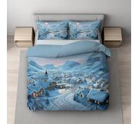 King Duvet Cover Set 230 x 220 cm, Soft Reversible Microfibre Bedding Set, Hidden Zip Closure, Wrinkle & Fade Resistant, Breathable, Easy Care, White, Snow Scene Town Winter