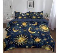 King Duvet Cover Set 230x220cm, Stars Celestial Sun Moon Quilt Cover with Zipper Closure and 2 Pillowcases, Navy Blue & Gold Soft Hypoallergenic Microfibre Bedding Set for Kids Adult Teen girls