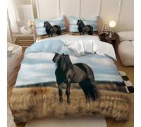 King Duvet Cover Set 91x87 inch 3d High Definition Grassland Horse Soft Microfiber Duvet Covers 3 Pcs, Machine Washable Bedding Set Black with Zipper Closure with 2 Pillowcase