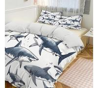 King Duvet Cover Set - Fierce Marine Life Bedding With 2 Pillowcases, Brushed Microfiber | Shark Swimming Illustration Reversible Quilt Cover | Soft Comfy Easy Care | Concealed Zipper | White