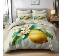 King Duvet Cover Set Hand Drawn Style Jasmine Lemon 3D printed Bedding Set Soft Brushed Microfiber Polyester, Yellow Reversible Breathable Soft Bedding for Boys and Girls, All Season