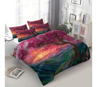 King Duvet Cover Set High Definition Cherry Blossom Trees Hills Bedding Set For Kids Teens Girls Women - With 2 Pillow Cases, 3D Printed Bedroom Decoration Quilt Cover Pink