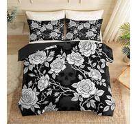 King Duvet Cover Set, Plants Flowers Leaves Skulls Printed Microfiber All Season Bedding Set with 2 Pillow, Vintage Gothic Duvet Cover Breathable Machine Washable for Teens Adults, 220 x 240 cm
