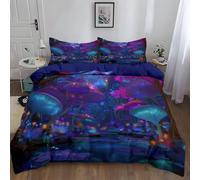 King Duvet Cover Set, Premium Brushed Microfiber Bedding 230 x 220 cm with Fantasy Mushrooms Waterscape Plants Design for Teens aldult, Purple Quilt Cover, Universal for all seasons Suitable