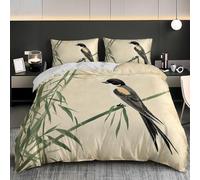 King Duvet Cover Sets 91x87 inch - Soft & Breathable Brushed Microfibre Green Colored Bamboo Swallows Duvet Cover for Adults - Zipper Quilt Cover Set, Easy Care Retro Chinese Style Bedding Set