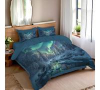 King Duvet Cover Sets - Ice And Snow Rivers Northern Lights Bedding Sets, Winter Scenery Reversible Comforter Cover Ultrasoft Quilt Set with 2 Pillowcases - Non-Iron Easycare, Fluorescent Green