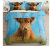 King Duvet Cover Sets Premium Brushed Microfiber, Ultrasoft Hypoallergenic Reversible Animal Highland Calf Wildflowers - Light Blue Quilt Cover Non Iron Luxury Bedding Set With Zipper Closure