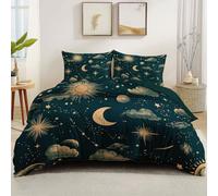 King Duvet Cover Sets, Soft Microfiber Breathable Quilt Cover Sets With Zipper Closure, Celestial Bodies Sun Moon Stars Lines Breathable Bedding Set for Girls Boys Kids, Green