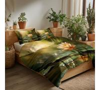 King Duvet Cover Sets Sunny Lotus Water Scene Reversible Doublesided Bedding Set, Fantasy Landscape Ultrasoft Hypoallergenic Durable Duvet Cover for Bedroom Decor Gifts 230 x 220 cm