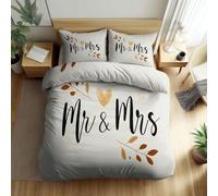 King Duvet Cover Sets Wedding Heart Shape Mr & Mrs, Premium Microfiber Bedding Sets 230 x 220 cm Soft Hypoallergenic, Reversible Beige Duvet Covers Luxury Bedding Set With Zipper Closure
