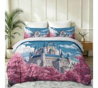 King Duvet Cover, White Castle Cherry Blossom Trees Crown Petals Luxury Breathable Microfiber Bedding Set, for Kids Boys Girls Adults Room Dreamy Cartoon Quilt Cover