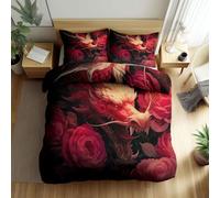 King Duvet Covers Set Microfiber Dark Red Bedding Set with 2 Pillowcases, Breathable Non Iron Reversible Fantasy Rose Angry Chinese Dragon Duvet Cover with Zipper Closure 3Pcs - 230 x 220 cm