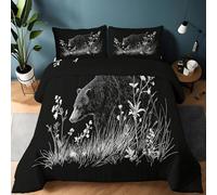 King Duvet Set Geometric Lines Animal Black Bear, Brushed Microfiber Black Quilt, Ultra Soft Cosy Warm Comforter Set 220x240 cm Non Iron Hypoallergenic Bedding with 2 Matching Pillowcases
