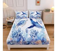 King Fitted Sheet 150x200cm with 2 Pillowcases, Blue, Brushed Microfiber Ultra Soft King Bed Sheets,Breathable 30 cm Deep Marine Animals Turtles Whales Fitted Sheets
