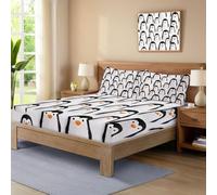 King Fitted Sheet 30 cm Deep Pocket, Soft Cartoon Animal Brushed Microfiber Bottom Sheet, Penguin Fitted Bed Sheets Hypoallergenic Breathable Sheets White