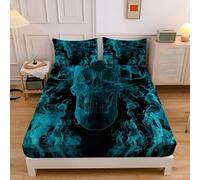 King Fitted Sheet Blue, Extra Deep Pocket Bed Fitted 12 inch 30 cm, Dark Fantasy Smoke Skull Ultra Soft Microfiber Bottom Sheet, 150x200cm