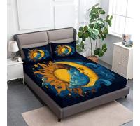 King Fitted Sheet Celestial Bodies Stars Sun Moon, Deep Pocket 30 cm Easy Care, Breathable Soft Fabric, Shrinkage and Fade Resistant Fitted Sheet with 2 Pillow Cases, Black