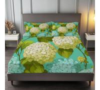 King Fitted Sheet Green, Retro Hydrangea Pattern 30 cm Deep Pocket Hotel Quality Bedding - Soft Microfibre & Breathable Bed Cover King Bed - Anti-Wrinkle Easy Care Fitted Sheets