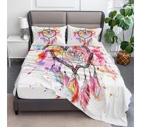 King Fitted Sheet, Heart-Shaped Dream Catcher With Feathers Soft Breathable Fitted Bed Sheets - Anti-Wrinkle Easy Care, Non Iron Polycotton Elasticated Corner Bedding, White