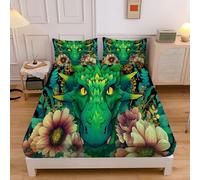 King Fitted Sheet Mysterious Animals Green Bed Sheets Extra Deep 12inch, Cartoon Dragon Head Flowers Soft Brushed Microfiber Fitted Sheets Set for Children and Adults with 2x Pillowcases