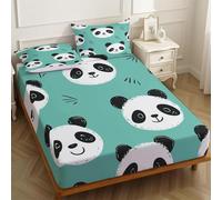 King Fitted Sheet Panda blue-green 160 x 200 cm 25cm Deep Pocket Sateen Microfiber Soft Breathable Cartoon style Bed Sheet