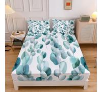 King Fitted Sheet Sage Green Leaves White Bed Sheets Extra Deep 12inch, Watercolor Eucalyptus Plant Soft Brushed Microfiber Fitted Sheets Set for Children and Adults with 2x Pillowcases