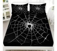 King Fitted Sheet, White Spider Web Pattern Fitted Bed Sheet Deep Pocket (30cm) - Black Soft Microfibre 3D Fitted Sheets - Shrinkage and Fade Resistant Bedding for Kids Aldults