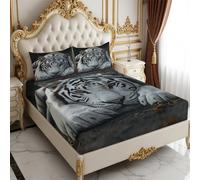 King Fitted Sheet White Tiger 160 x 200 cm 25cm Deep Pocket Soft Microfiber Fade and Shrink Resistant grey Bed Sheet