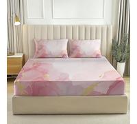 King Fitted Sheet with Golden Marble Texture Pattern, Soft Microfiber Bed Sheet with 30 cm Deep Pocket and Pillowcases, Breathable, Wrinkle and Fade Resistant (150 x 200 cm, Pink)