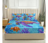 King Fitted Sheet with Sea View Turtle Fish Pattern, Soft Microfiber Bed Sheet with 30 cm Deep Pocket and Pillowcases, Breathable, Wrinkle and Fade Resistant (150 x 200 cm, Blue)