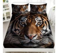 King Fitted Sheets 60x80 inch - 30cm Deep Pocket Fitted Bed Sheet - Wild Animals Tiger Close Up Soft Brushed Microfibre Bedding, Brown Wrinkle & Shrink Resistant Bottomsheet with 2 Pillowcases