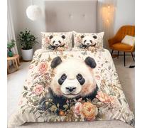 King Giant Panda In The Flower Field Bedding Set Ultra-Soft Microfiber Duvet Cover Set 3Pcs - 230x220cm + 2 Pillowcases 50x75cm - Cute Animals 3D Printed Design with Zip Closure & Corner Ties