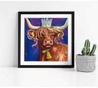 King highland cow with bell Stunning Framed Wall Art Picture Print Square - 35cm wide x 35cm high - Black Frame
