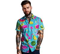 King Kabana Stylish Hawaiian-Shirt, Short-Sleeve, Flamingo-Melon-Style, Turquoise, XS