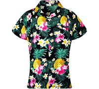 King Kameha Classic Modern Hawaiian-Blouse-Shirt for Women Front-Pocket Casual, Pineapple-Flowers, Black, 3XL