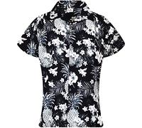 King Kameha Classic Modern Hawaiian-Blouse-Shirt for Women Front-Pocket Casual, Pineapple-Flowers, Mono-Grey, XXL