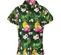 King Kameha Classic Modern Hawaiian-Blouse-Shirt for Women Front-Pocket Casual, Pineapple-Flowers, Petrol-Green, XL