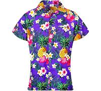 King Kameha Classic Modern Hawaiian-Blouse-Shirt for Women Front-Pocket Casual, Pineapple-Flowers, Purple, XXL