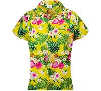 King Kameha Classic Modern Hawaiian-Blouse-Shirt for Women Front-Pocket Casual, Pineapple-Flowers, Yellow, 3XL