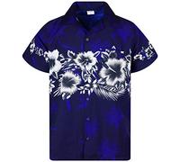 King Kameha Classic Modern Hawaiian-Shirt for Men Front-Pocket Casual Aloha-Shirts, Flower-Chest, Navy-Blue, XXL