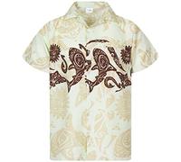 King Kameha Classic Modern Hawaiian-Shirt for Men Front-Pocket Casual Aloha-Shirts, Maori-Chest, Beige, L