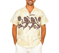 King Kameha Classic Modern Hawaiian-Shirt for Men Front-Pocket Casual Aloha-Shirts, Maori-Chest, Beige, XS
