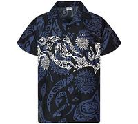 King Kameha Classic Modern Hawaiian-Shirt for Men Front-Pocket Casual Aloha-Shirts, Maori-Chest, Black, XL