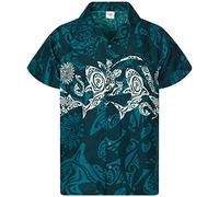King Kameha Classic Modern Hawaiian-Shirt for Men Front-Pocket Casual Aloha-Shirts, Maori-Chest, Petrol-Green, XXL