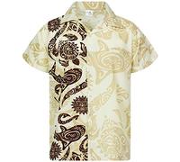 King Kameha Classic Modern Hawaiian-Shirt for Men Front-Pocket Casual Aloha-Shirts, Maori-Wedding, Beige, M
