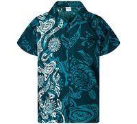 King Kameha Classic Modern Hawaiian-Shirt for Men Front-Pocket Casual Aloha-Shirts, Maori-Wedding, Petrol-Green, S