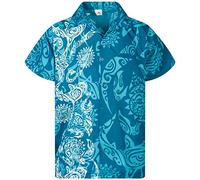 King Kameha Classic Modern Hawaiian-Shirt for Men Front-Pocket Casual Aloha-Shirts, Maori-Wedding, Turquoise, M