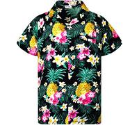King Kameha Classic Modern Hawaiian-Shirt for Men Front-Pocket Casual Aloha-Shirts, Pineapple-Flowers, Black, 3XL