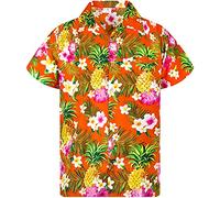 King Kameha Classic Modern Hawaiian-Shirt for Men Front-Pocket Casual Aloha-Shirts, Pineapple-Flowers, Orange, XL