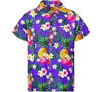 King Kameha Classic Modern Hawaiian-Shirt for Men Front-Pocket Casual Aloha-Shirts, Pineapple-Flowers, Purple, XXL